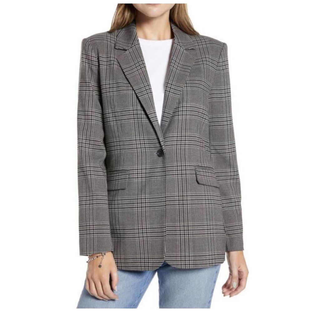 Something Navy Blazer Plaid Oversized Gray Black Single Button Women sz Small